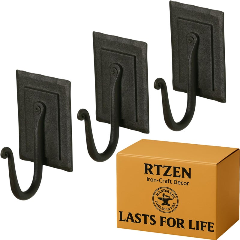 RTZEN Wall Mount Hook Set - Wrought Iron Decorative Rustic Metal Coat Hooks for Hanging - Handcrafted Classic Farmhouse Wall Mounted Black Hooks for Towel Robe or Hat Hanging - 3 Pack - Image 1